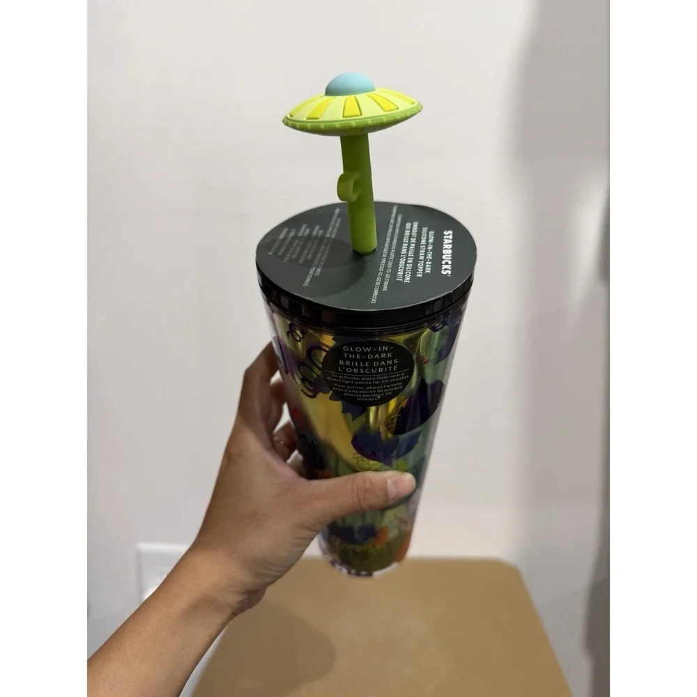 Starbucks UFO Cold Cup Halloween w Spaceship Straw Topper 24oz - FLAWS - READ